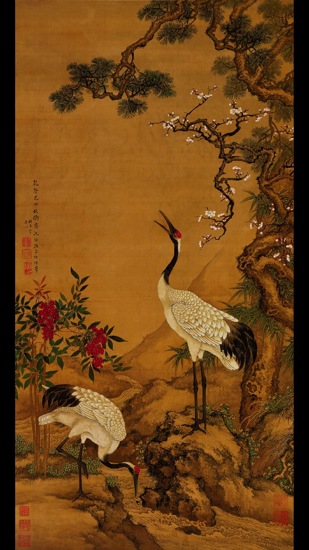 松梅双鹤图真绢