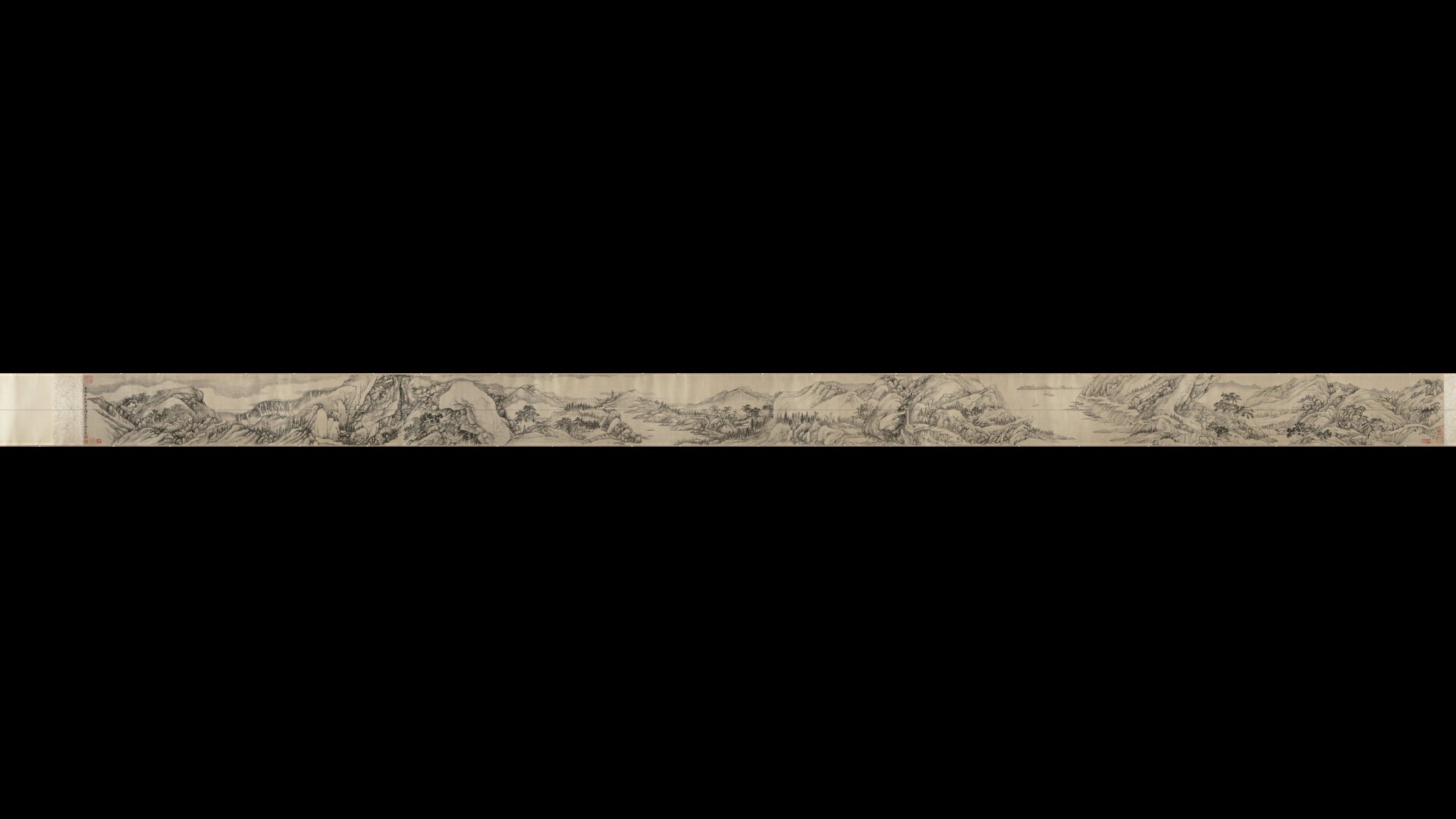 清 柳堉 溪山行旅图 纸本设色 26.4×508.6cm